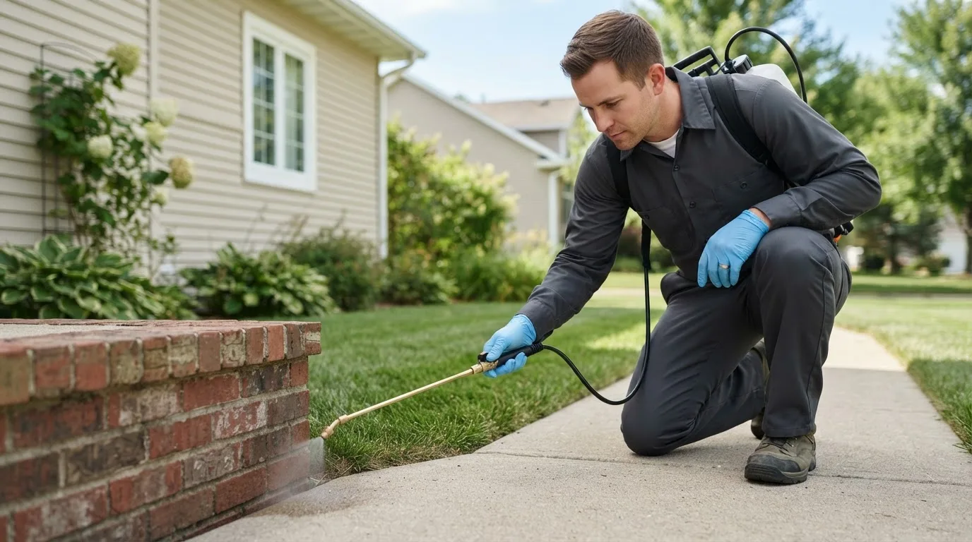 Pest control technician treating a home near Colton, CA