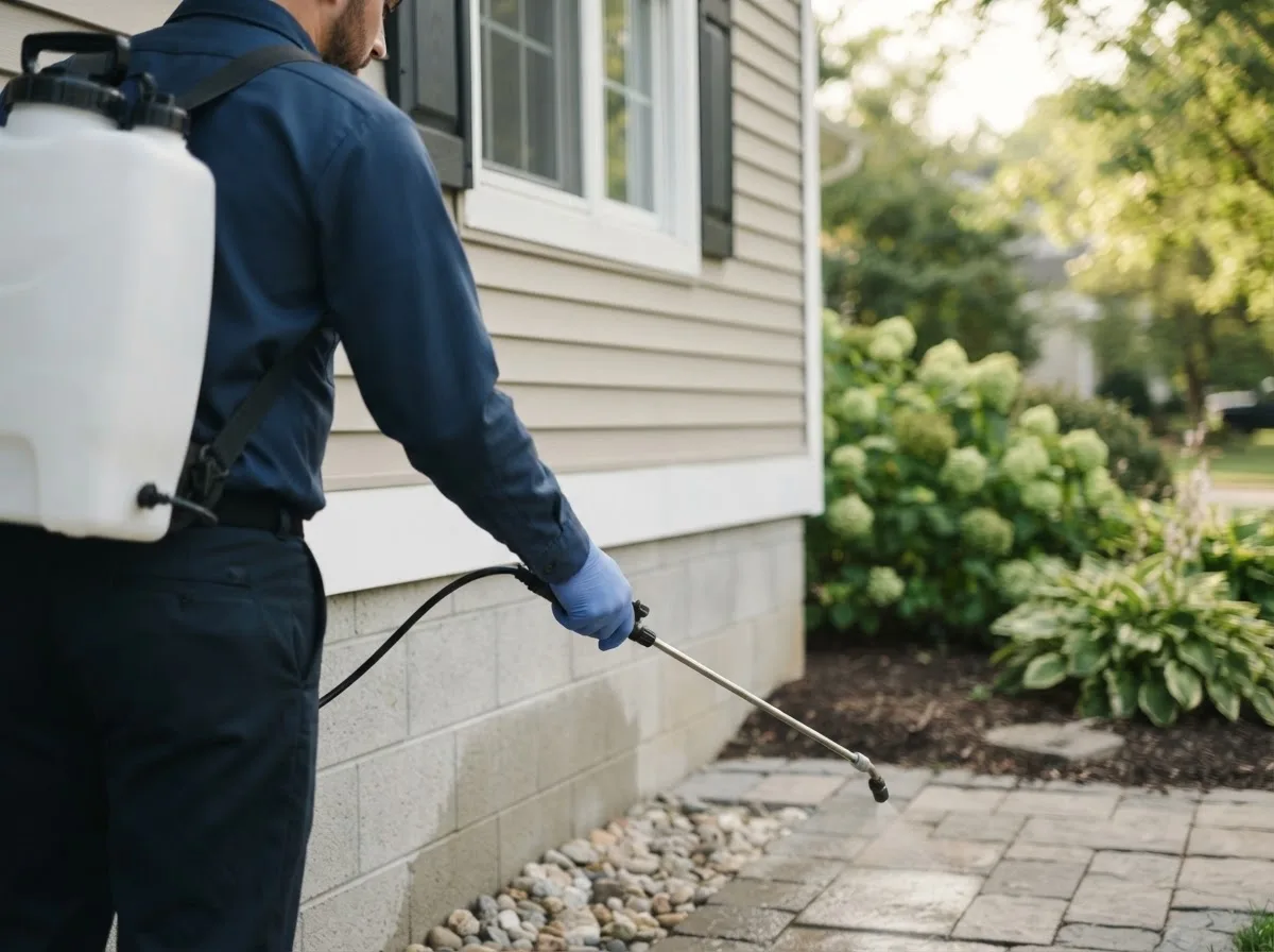Pest control technician inspecting a home in Colton, CA